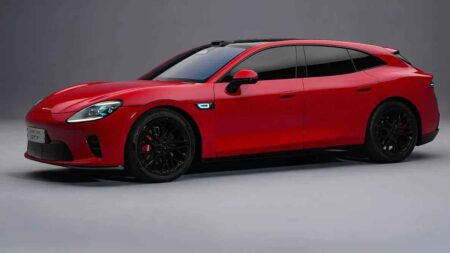 Aistaland GT7 pairs shooting brake style with 768 hp EV performance Aistaland GT7 electric shooting brake in a low wide stance