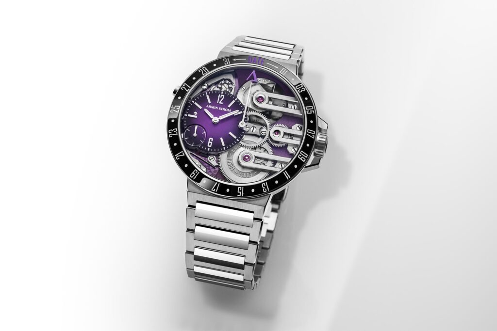 Armin Strom Gives the Orbit a Midnight Purple Mechanical Glow Armin Strom Orbit Midnight Purple watch with purple dial and integrated steel bracelet