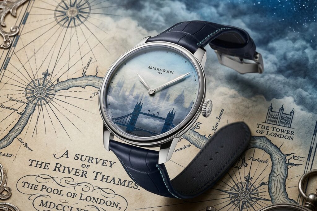 Arnold & Son HM London Skyline watch with blue mother-of-pearl London skyline dial