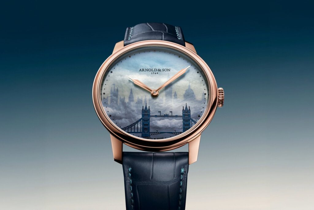Arnold & Son HM London Skyline x The Limited Edition watch with blue mother-of-pearl London skyline dial