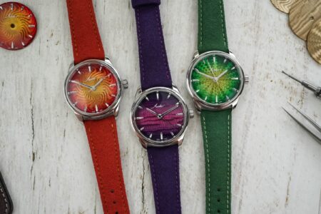 Awake Son Mai Guilloché Main Puts Lacquer and Guilloché in the Spotlight Awake Son Mai Guilloché Main watch with a vivid lacquer guilloché dial on an Alcantara strap
