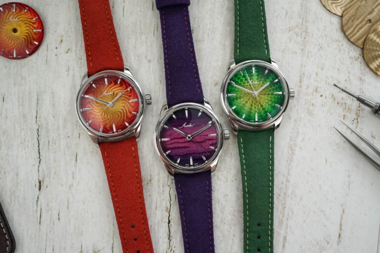Awake Son Mai Guilloché Main watch with a vivid lacquer guilloché dial on an Alcantara strap