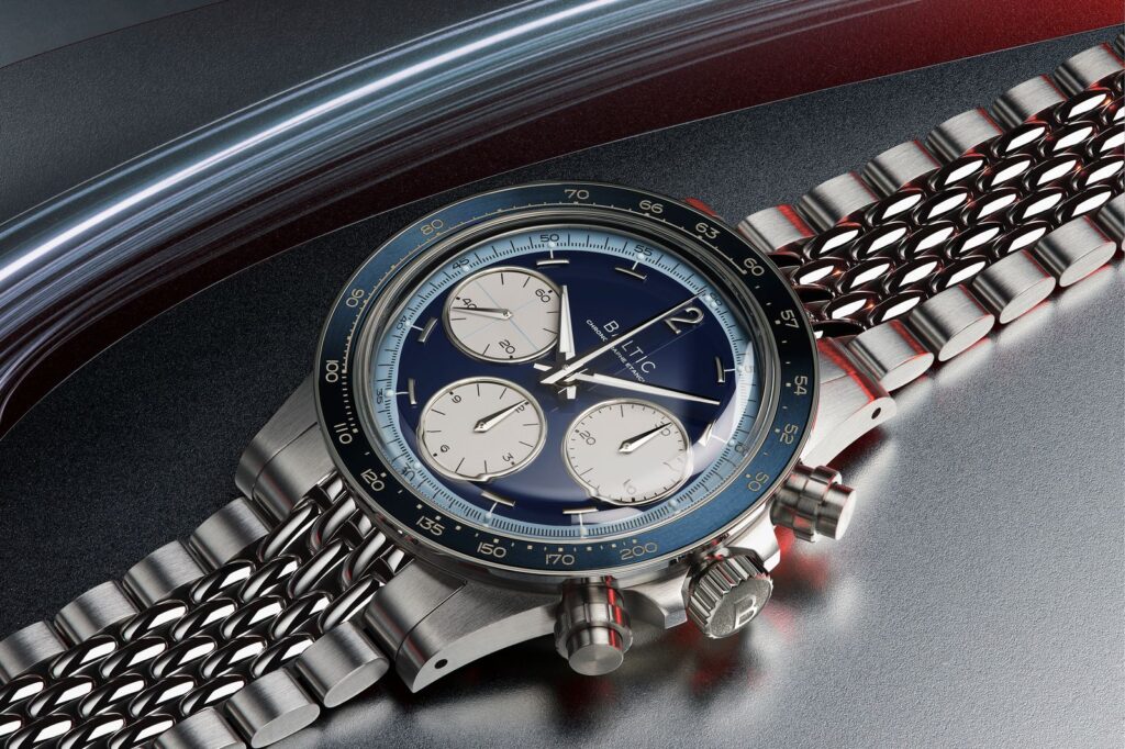 Baltic Adds a Tougher Scalegraph Chronograph to Its Permanent Lineup Baltic Scalegraph chronograph in blue grey and champagne dial variants