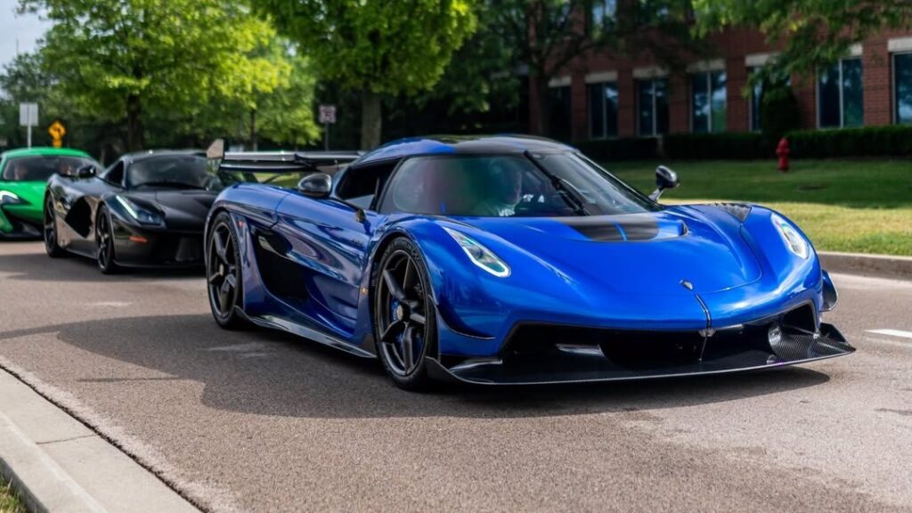 Imperial Blue Koenigsegg Jesko Attack with exposed carbon details in Chicago