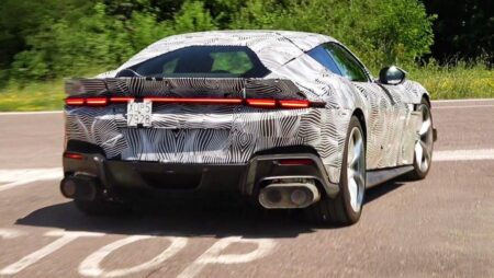 Camouflaged Ferrari 12Cilindri VS prototype testing with a large ducktail rear spoiler