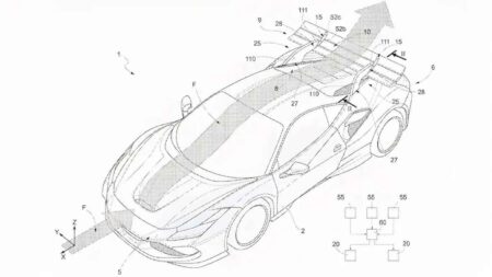 Ferrari Explores a Flexible Rear Wing That Could Shift Downforce Mid Corner Patent-style illustration of a Ferrari flexible rear wing concept with adaptive aero elements