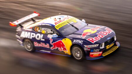 Red Bull Is Taking a V8 Ford Mustang Gen3 Supercar to Drift Masters Ireland Ford Mustang Gen3 Supercar displayed in Red Bull-style motorsport setting at Mondello Park