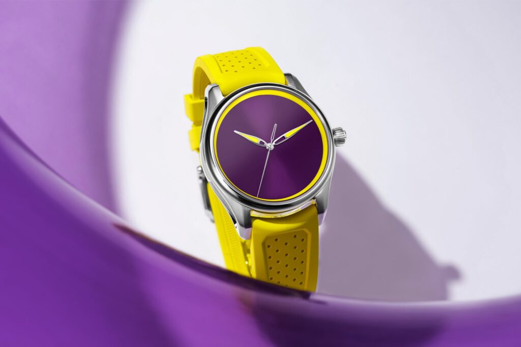 H. Moser & Cie. Pioneer Centre Seconds Sun Berry with purple dial and yellow rubber strap