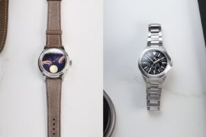 Collector watches displayed at a London watch event with limited editions and independent brands
