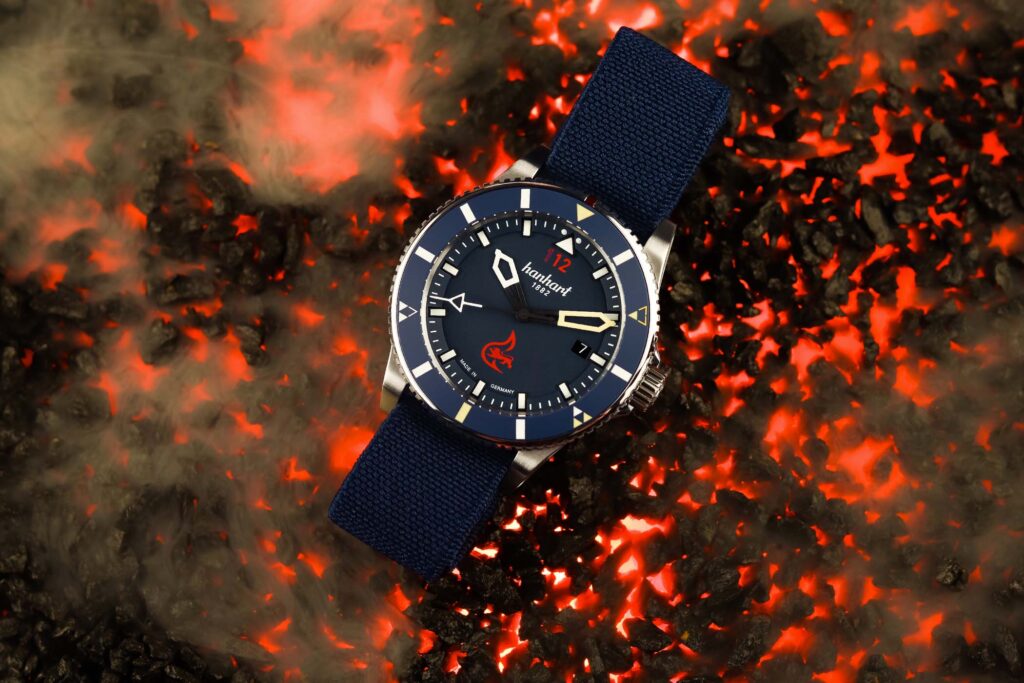 Hanhart Thermosphere Limited Edition watch with blue dial and firefighter-inspired bezel