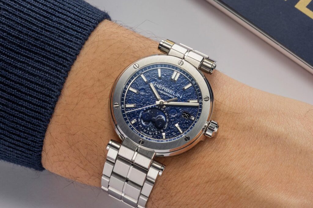 Herbelin Newport Automatic Moon Phases watch with textured lunar dial