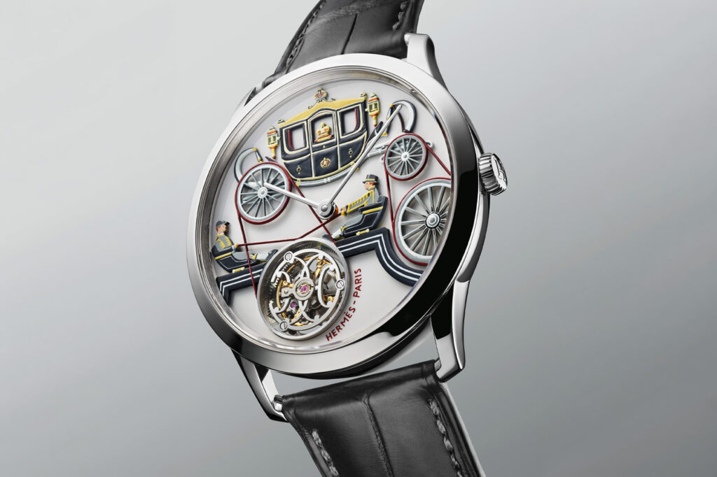 Hermès Slim d’Hermès Stately Wheels Brings Royal Pageantry to New Bond Street Hermès Slim d’Hermès Stately Wheels platinum tourbillon with miniature-painted royal coach dial