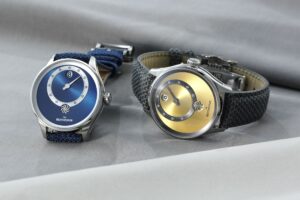 MeisterSinger Panthero Jumping Hour watches with blue and golden-yellow sunburst dials