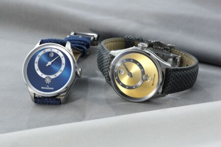 MeisterSinger Panthero Jumping Hour watches with blue and golden-yellow sunburst dials
