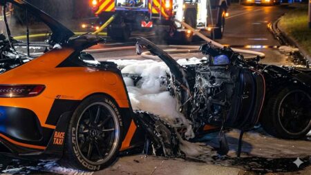 Mercedes-AMG GT R crash in Radeberg kills motorcyclist after late-night collision Burned-out Mercedes-AMG GT R and motorcycle after a late-night crash in Radeberg Germany