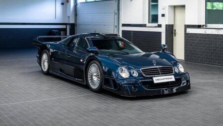 The One-Off Dark Blue Mercedes CLK GTR Is Peak Homologation Theatre Dark blue Mercedes CLK GTR road car photographed as a rare factory one-off homologation supercar