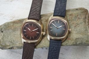 Monovant Rheon Bronze Debuts With Smoked Dials and a Patinating Case Monovant Rheon Bronze watch with smoked dial and bronze case on leather strap