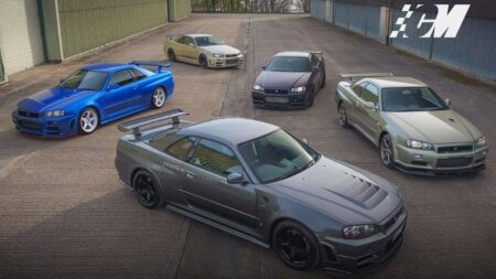 R34 Skyline GT-R Collection Falls Short at Lake Como Auction Five Nissan R34 Skyline GT-R models displayed together at an auction setting