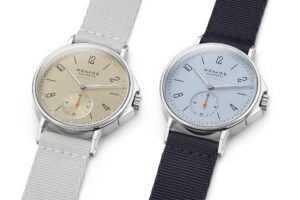 Nomos Ahoi Neomatik Sand and Sky 36 watches with beige and blue dials