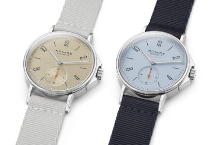 Nomos Ahoi Neomatik Sand and Sky 36 watches with beige and blue dials