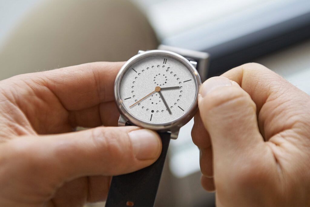ochs und junior Anno Sandblasted Brings Annual Calendar Minimalism Into Sharper Focus ochs und junior Anno Sandblasted annual calendar watch with rhodium-plated dial and titanium case