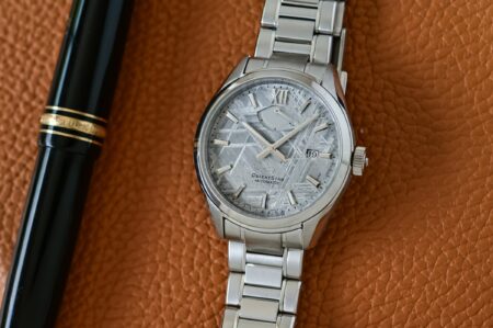 Orient Star Gives the M34 F8 Date a Meteorite Dial for Its 75th Anniversary Orient Star M34 F8 Date Meteorite 75th Anniversary Limited Edition watch with silver-grey meteorite dial