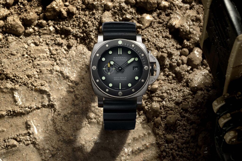 Panerai’s Submersible Navy SEALs PAM01738 Goes Deeper Into Tactical Dive Watch Territory Panerai Submersible Navy SEALs PAM01738 dive watch with grey dial and black rubber strap