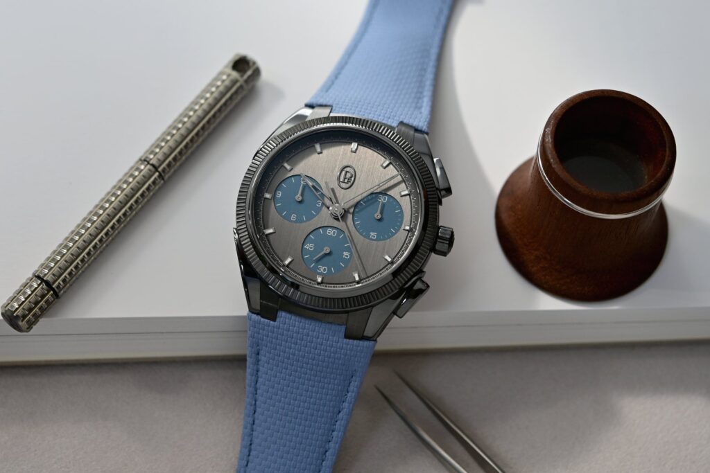 Parmigiani Fleurier Gives the Tonda PF Sport Chronograph Ultra-Cermet a Mineral Blue Shift Parmigiani Fleurier Tonda PF Sport Chronograph Ultra-Cermet Mineral Blue on blue rubber strap