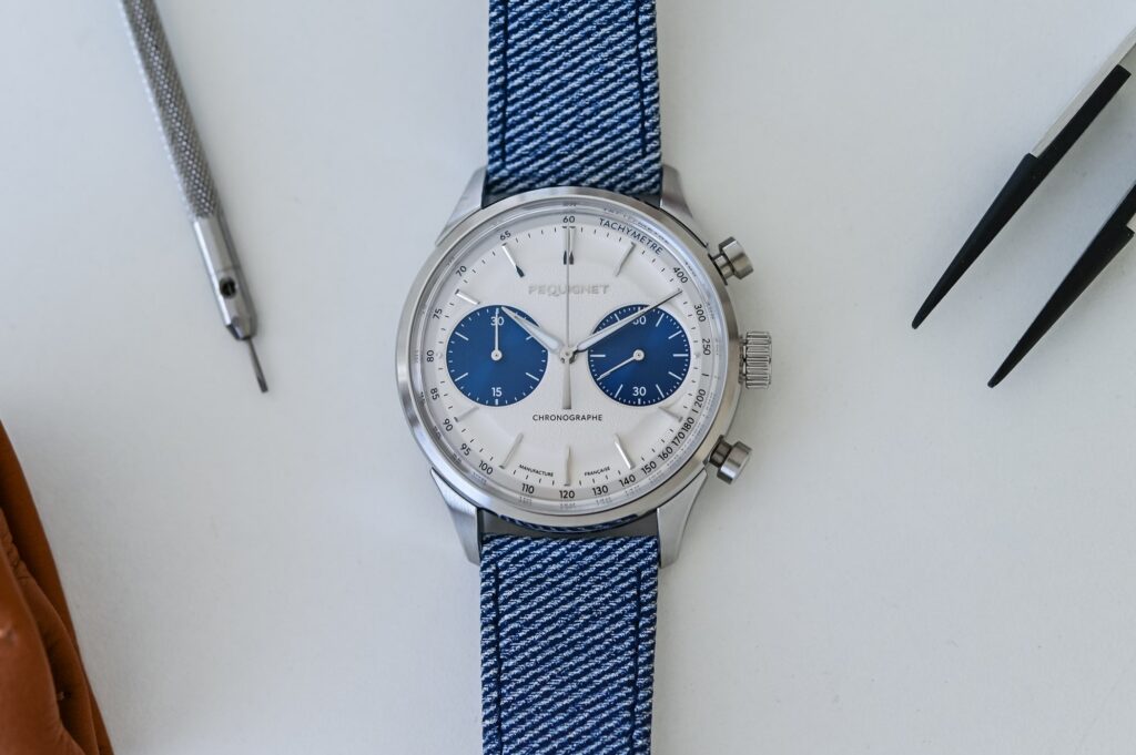 Pequignet Royale Paris Chronograph with burgundy subdials in a stainless steel case