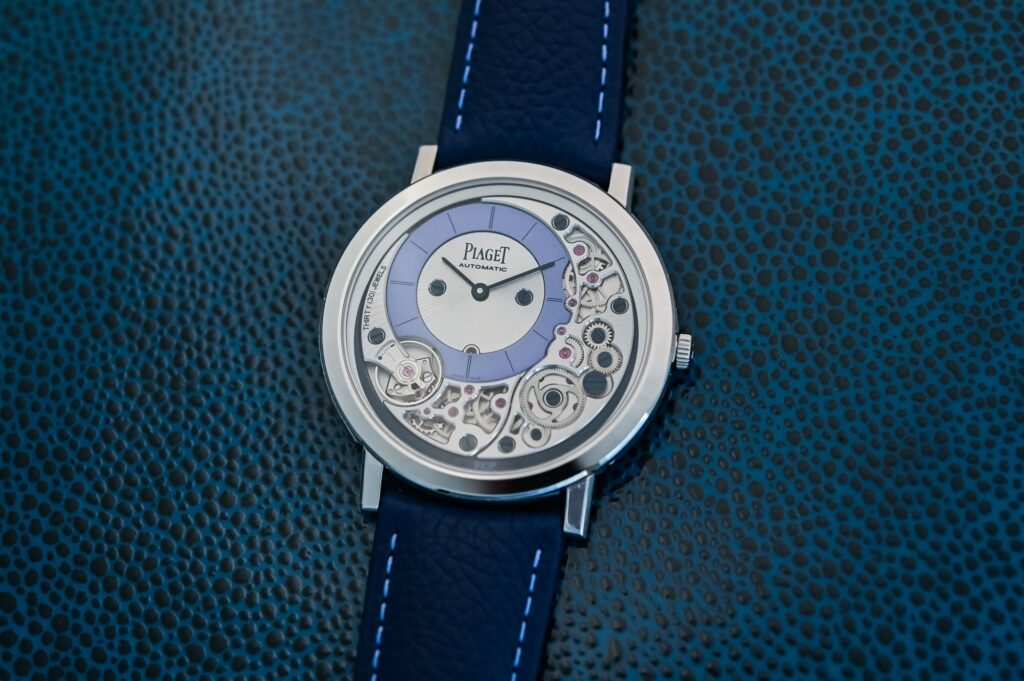 Piaget Gives the Altiplano Ultimate Automatic a Blue Wristcheck Edition Piaget Altiplano Ultimate Automatic x Wristcheck with blue accents and openworked calibre 910P dial