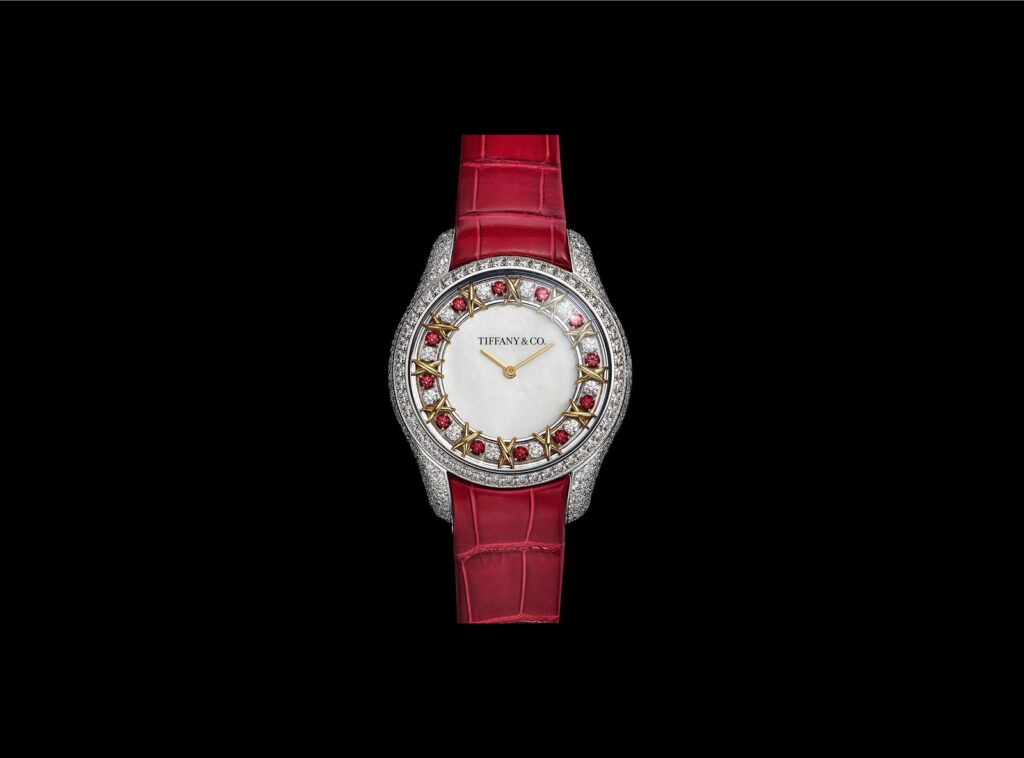 Tiffany & Co. Sixteen Stone Mother-of-Pearl Ruby watch with ruby dial detail and red alligator strap