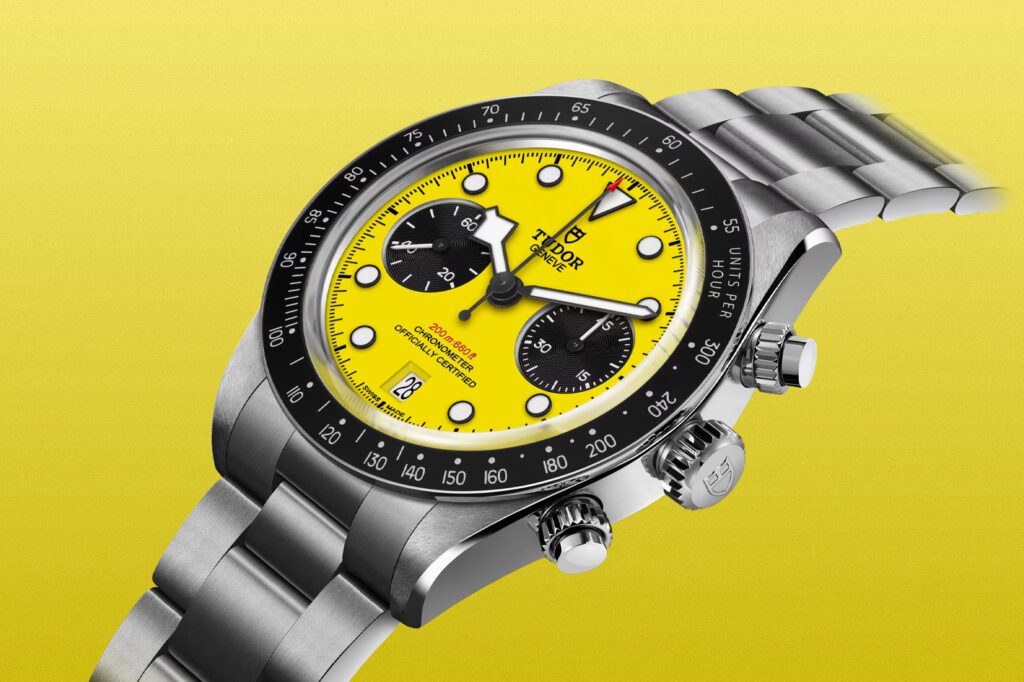 Tudor’s Black Bay Chrono Gets Smaller and Brighter in Bumblebee Yellow Tudor Black Bay Chrono 39 Bumblebee with yellow dial and black chronograph subdials