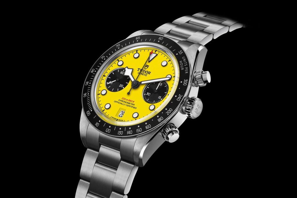 Tudor Shrinks the Black Bay Chrono Into a 39mm Bumblebee Tudor Black Bay Chrono 39 Bumblebee with yellow dial and black sub-counters on stainless steel bracelet
