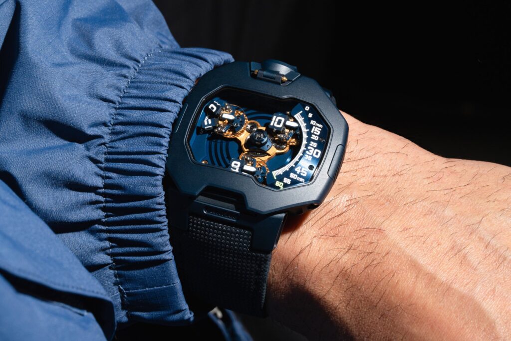 Urwerk Sends Off the UR-120 With the Blue Planet Edition Urwerk UR-120 Blue Planet watch with blue PVD case and satellite hour display