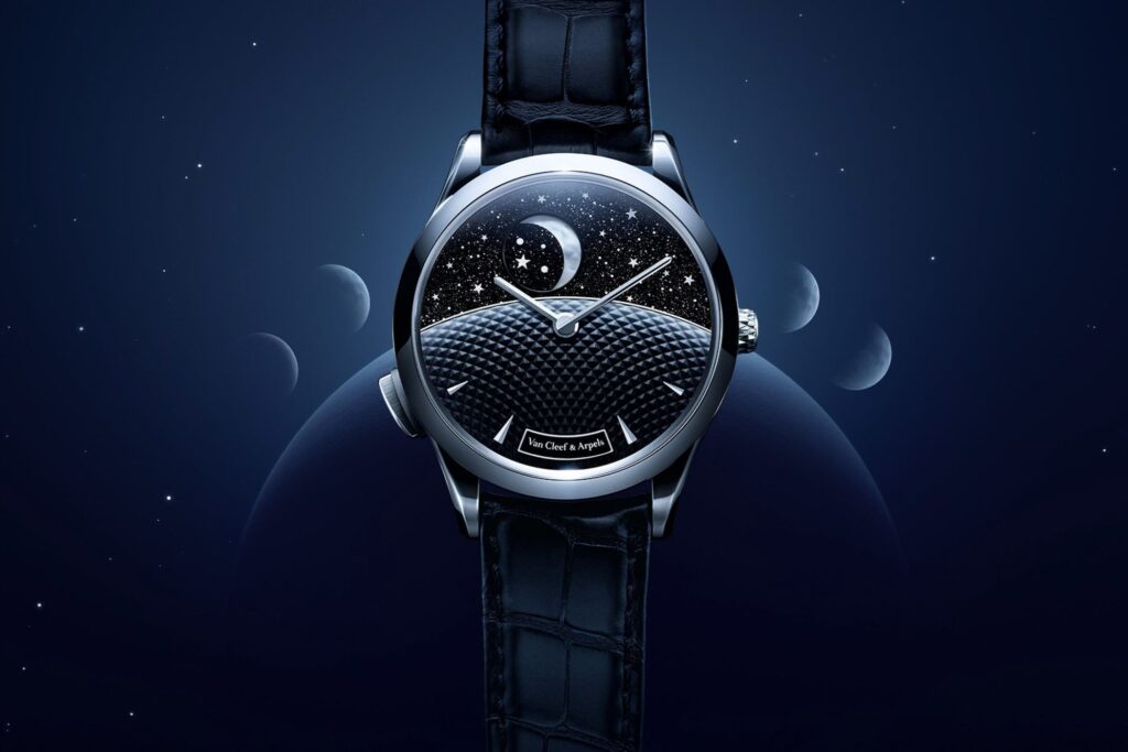 Van Cleef & Arpels Gives the Midnight Jour Nuit a Lunar Automaton Van Cleef & Arpels Midnight Jour Nuit Phase de Lune watch with aventurine sky dial