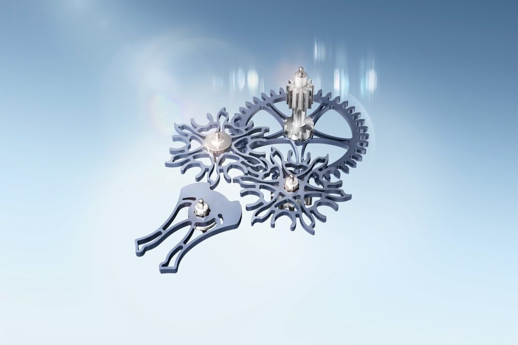 Close-up of a modern mechanical watch escapement with balance wheel and escape wheel visible