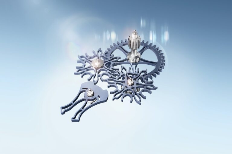 Close-up of a modern mechanical watch escapement with balance wheel and escape wheel visible