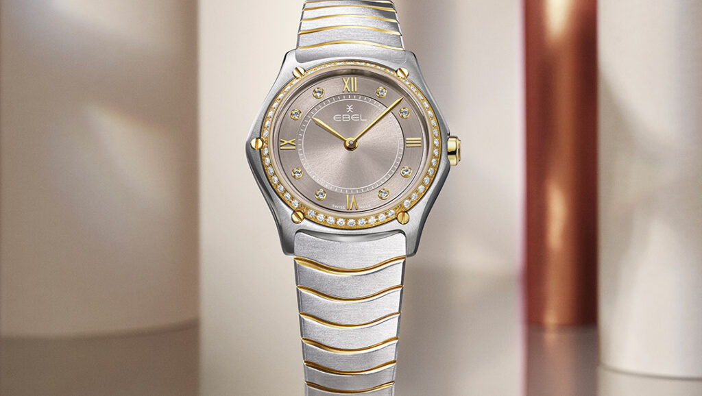 Ebel Sport Classic watch with tawny sunburst dial, diamond bezel and integrated Wave bracelet