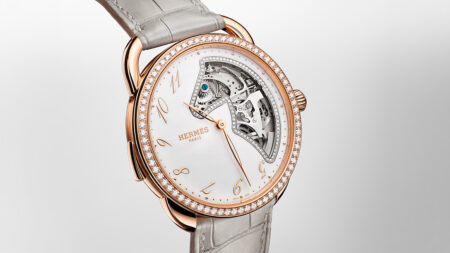 Hermès Opens the Arceau Samarcande to Light, Sound and Horsepower Hermès Arceau Samarcande watch with openworked horse motif and crystal dial