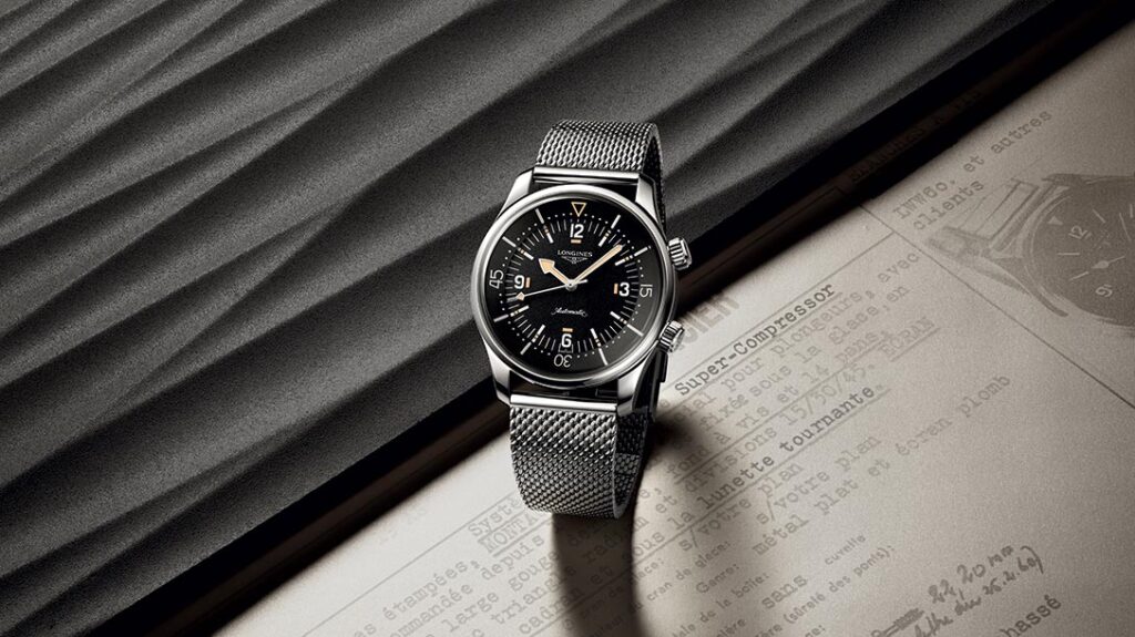 Longines Legend Diver 59 dive watch with black dial and Milanese mesh bracelet