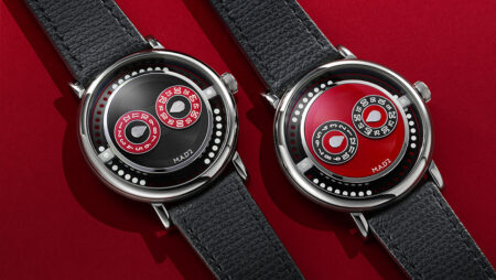 MB&F M.A.D.2 R&B and M.A.D.2 REDemption watches with red and black dials inspired by DJ turntables