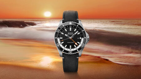 Mido Ocean Star GMT with black dial, orange GMT hand and black textile strap