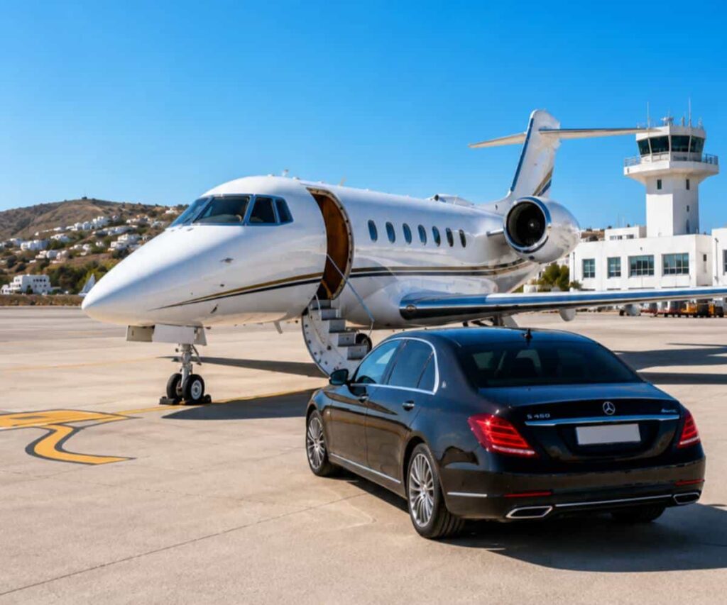 Flying Privately to Mykonos Requires More Than Booking a Jet Private jet on the apron at Mykonos Airport with the Aegean Sea in the background