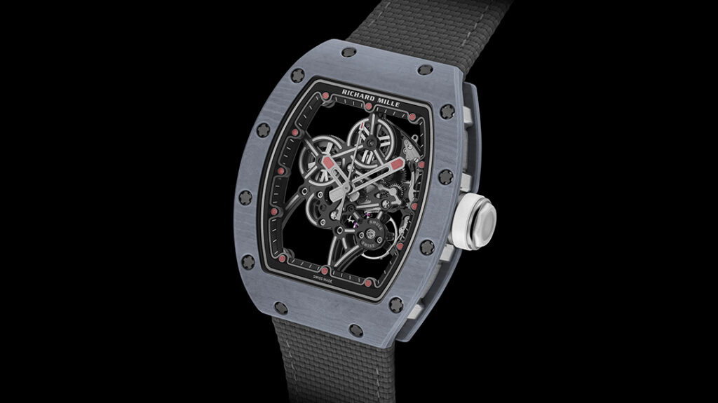Richard Mille RM 55-01 skeletonised watch in a tonneau-shaped composite case