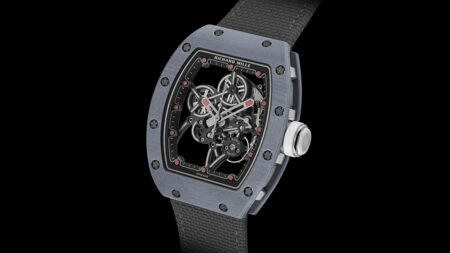 Richard Mille RM 55-01 Pushes Skeletonised Lightness Further Richard Mille RM 55-01 skeletonised watch in a tonneau-shaped composite case