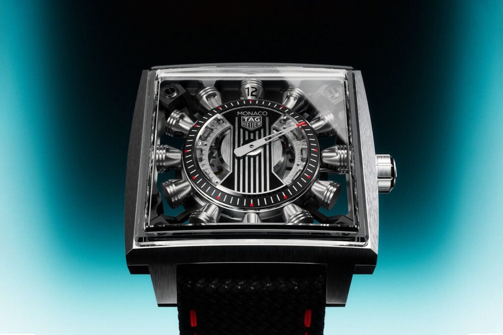 TAG Heuer Turns the Monaco Into a V12-Inspired Mechanical Display TAG Heuer Monaco Speed 12 with openworked dial and rotating piston hour display