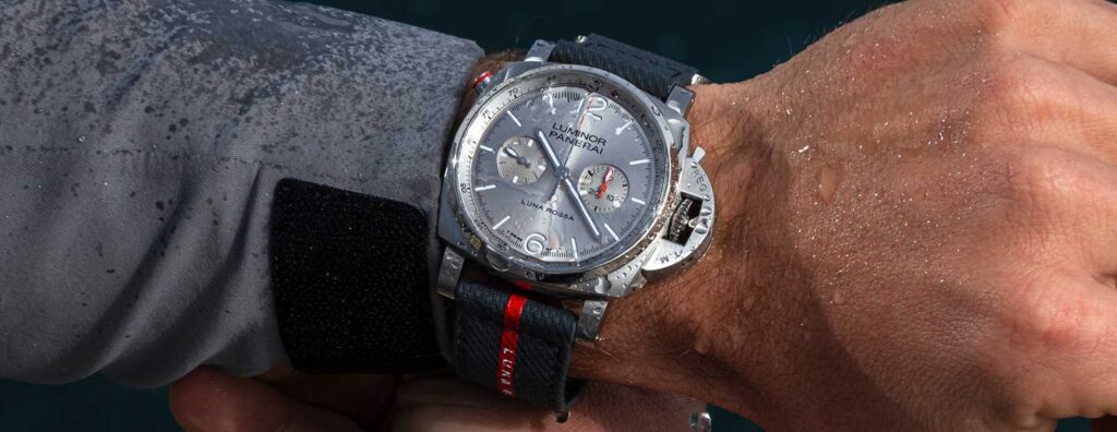 Panerai Luminor Luna Rossa Chrono and GMT watches in steel with silver dials and red accents