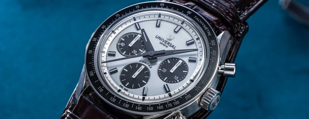 Universal Genève Compax Returns With a Micro-Rotor First Universal Genève Compax chronograph with panda dial and tachymeter bezel
