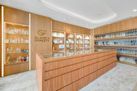 Glancy Fawcett Opens a Fort Lauderdale Showroom for Yacht and Private Jet Interiors Glancy Fawcett Fort Lauderdale showroom at Pier Sixty-Six with luxury tableware and linens on display
