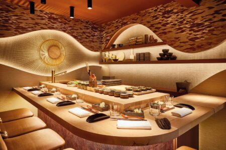 JUNO Brings a Mexican Edge to London’s Omakase Scene Six-seat omakase counter at JUNO in Notting Hill with sushi prepared in front of guests